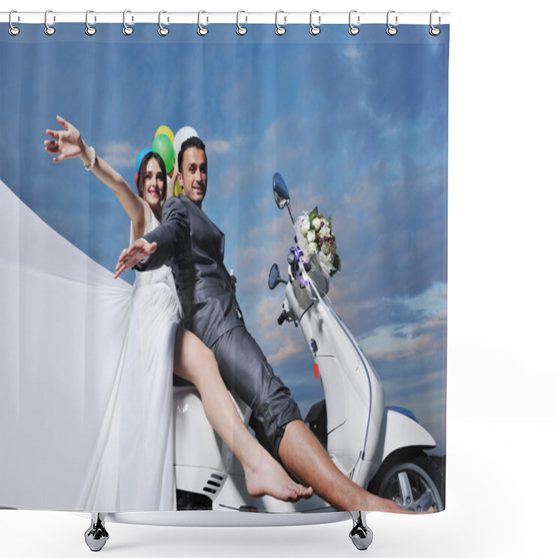 Personality  Just Married Couple On The Beach Ride White Scooter Shower Curtains