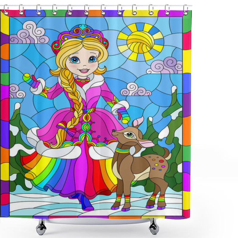 Personality  An Illustration In The Style Of A Stained Glass Window On The Theme Of Winter Holidays, A Cheerful Cartoon Of A Girl And A Fawn, Against The Background Of A Winter Day Landscape In A Bright Frame Shower Curtains