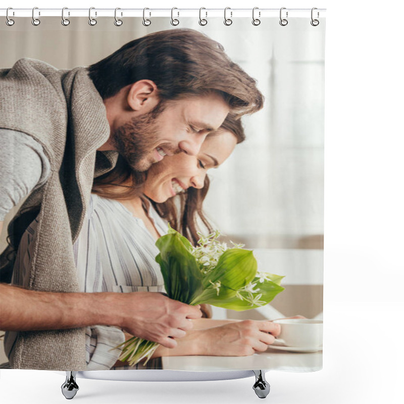 Personality  Man Embracing Girlfriend With Bouquet Of Flowers Shower Curtains