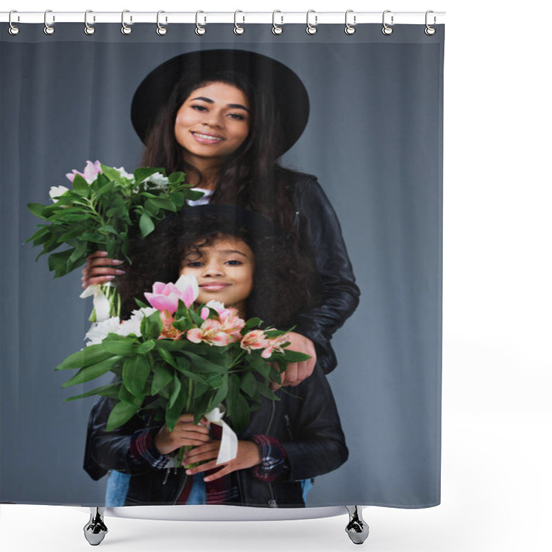 Personality  Beautiful Mother And Daughter In Leather Jackets And Hats With Beautiful Bouquets Isolated On Grey Shower Curtains