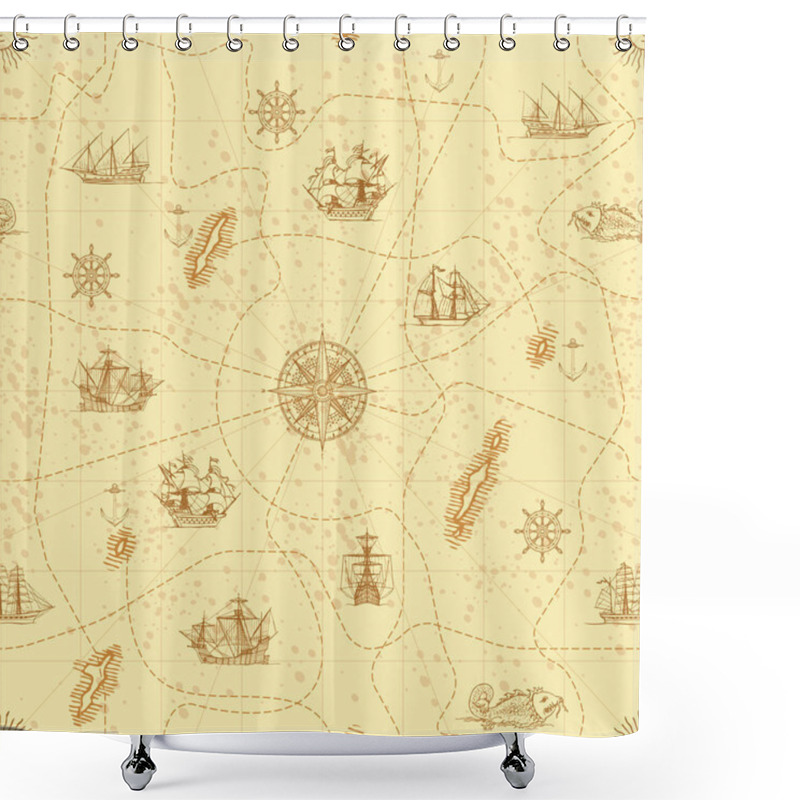 Personality  Vector Abstract Seamless Background On The Theme Of Travel, Adventure And Discovery. Old Hand Drawn Map With Vintage Sailing Yachts, Wind Rose, Routes And Nautical Symbols Shower Curtains