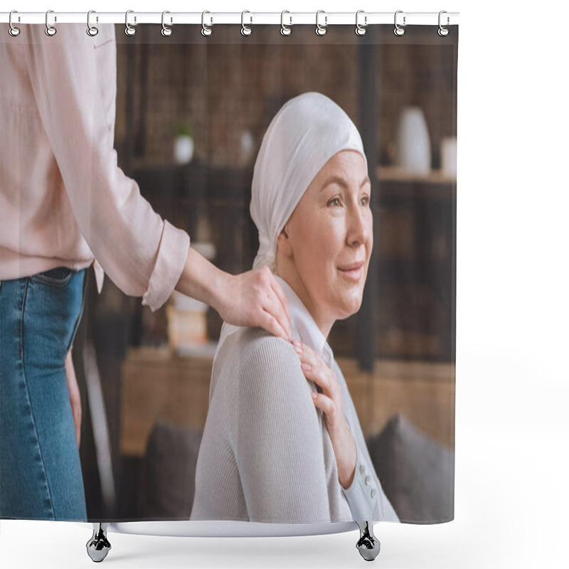 Personality  Cropped Shot Of Woman Supporting Sick Mature Mother In Kerchief   Shower Curtains