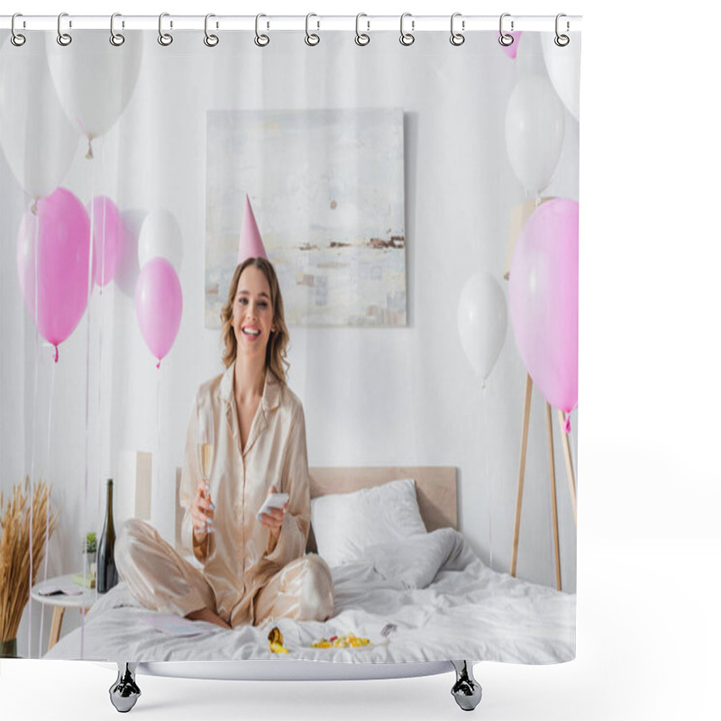 Personality  Smiling Woman With Smartphone And Champagne Celebrating Birthday In Bedroom  Shower Curtains