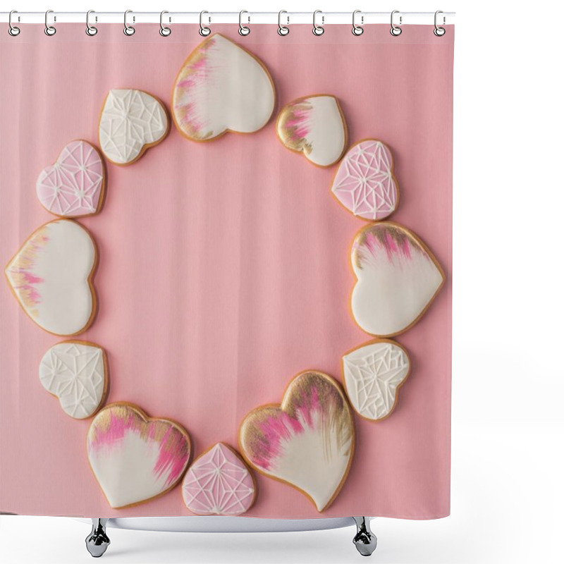 Personality  Flat Lay With Arrangement Of Glazed Heart Shaped Cookies Isolated On Pink Surface Shower Curtains