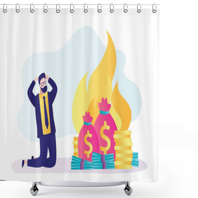 Personality  Upset Businessman Kneeling. Finances Are Burning Up. Global Financial Crisis, Inflation. Bankruptcy Concept. Inability To Do Business And Pay Bills. Male Character In Trendy Style. Vector Illustration Shower Curtains