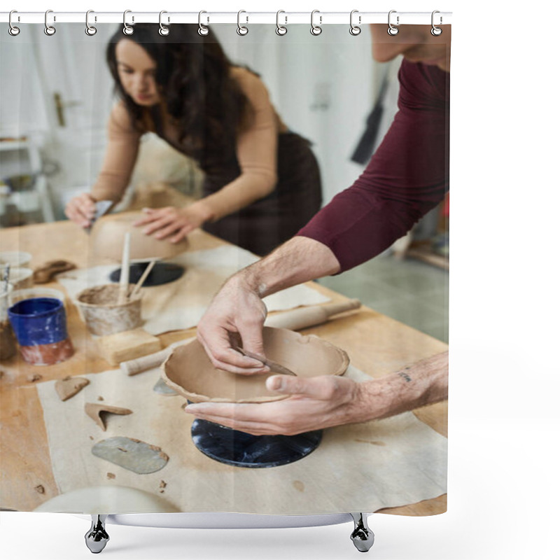 Personality  A Couple Joyfully Crafts Pottery Together In A Modern Studio. Shower Curtains