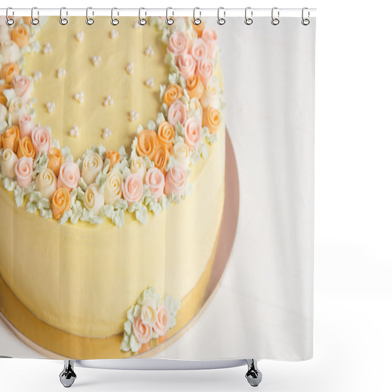 Personality  Pale Yellow Mousse Cake With Pastel Cream Flowers Shower Curtains