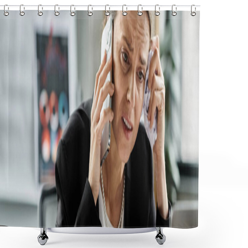 Personality  Woman In Office, Talking On Phone At Desk. Shower Curtains