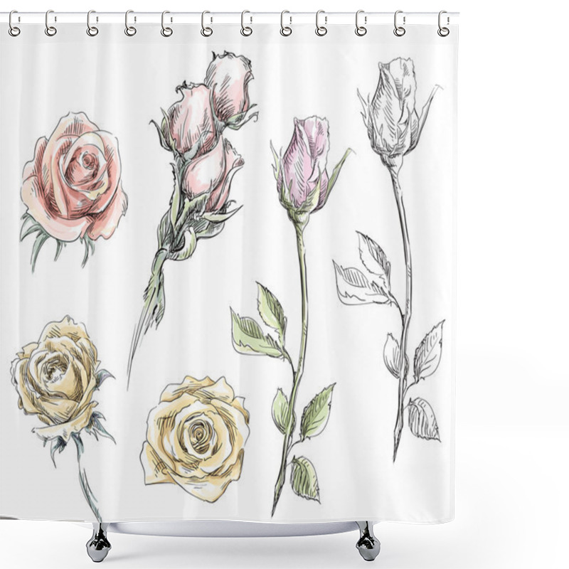 Personality  Set Of Hand Drawn Roses. Vector Flowers Illustration. Shower Curtains