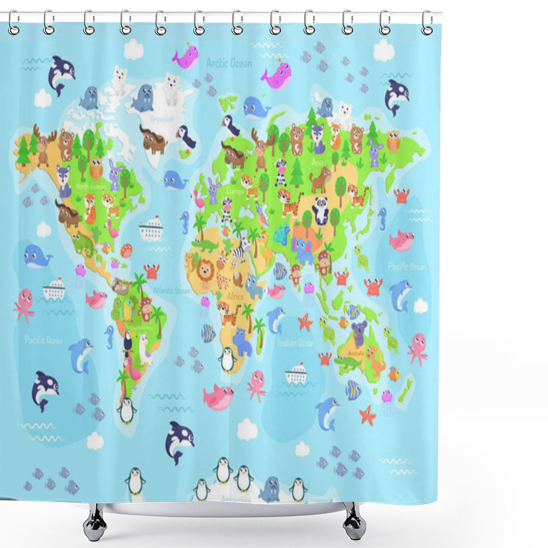 Personality  Vector Illustration Of World Map With Animals For Kids. Flat Design. Shower Curtains