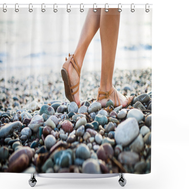 Personality  Young Woman On The Beach Enjoying A Warm Summer Evening Shower Curtains