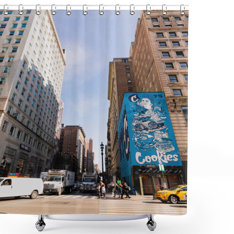 Personality  NEW YORK, USA - OCTOBER 13, 2022: Pedestrians Crossing Road Near Advertising Board On Corner Of Building  Shower Curtains