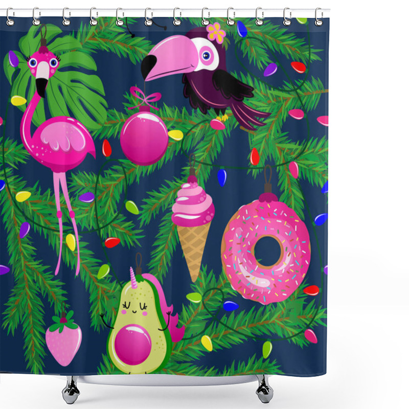 Personality  Cute Christmas In July Pattern - Adorable Flamingo, Donut, Avocado Characters. Hand Drawn Doodle Set For Kids. Good For Textiles, Nursery, Wallpaper, Clothes. Merry Christmas Gift Wrapping Paper Shower Curtains