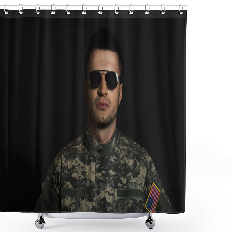 Personality  American Soldier In Camouflage Uniform And Sunglasses Looking At Camera Isolated On Black  Shower Curtains