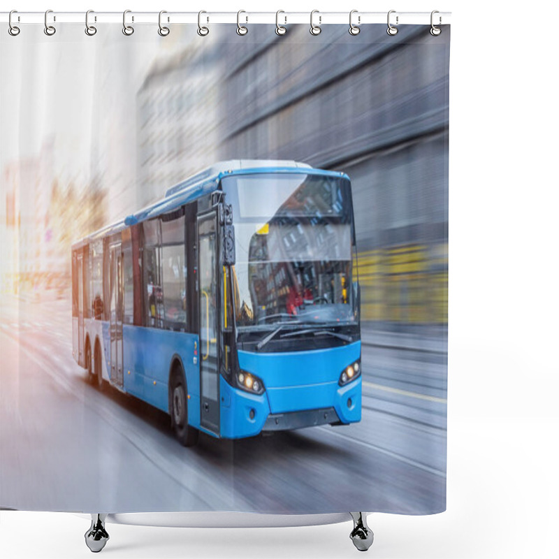 Personality  Blue Bus Moving On The Road In City In Early Morning Shower Curtains