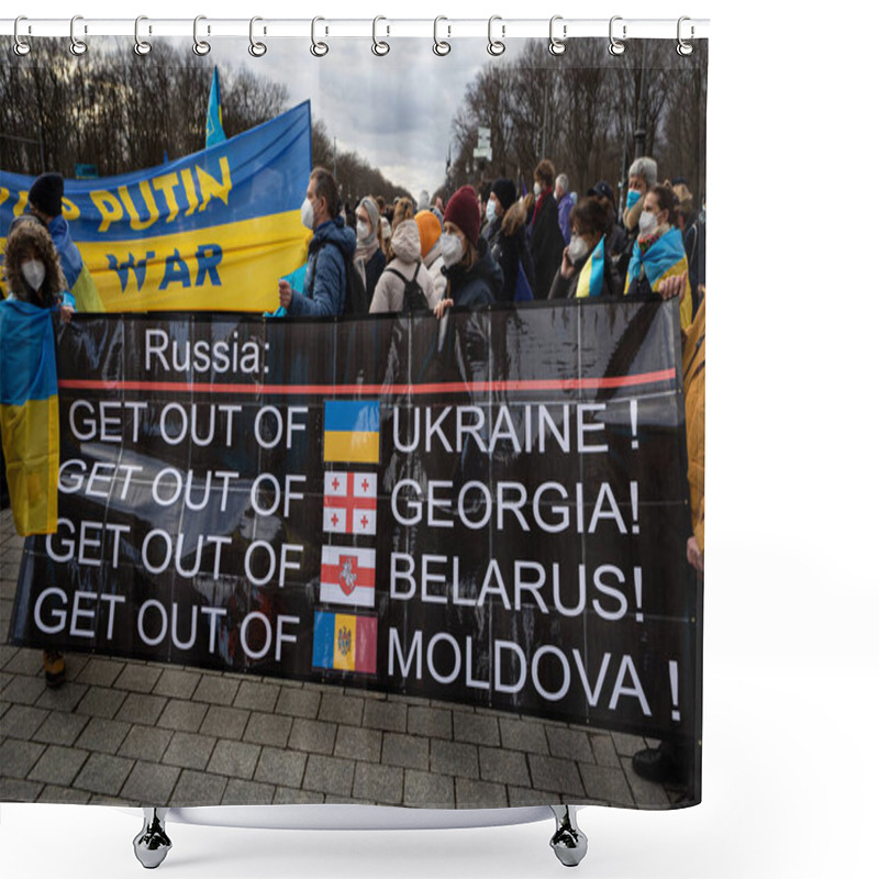 Personality  Berlin, Germany - February 19 2022: The Demonstration In Front Of The Brandenburg Gate In Support Of Ukraine And Against The Russian Aggression. Protesters Against Russia's War In Donbas, Ukraine. Shower Curtains