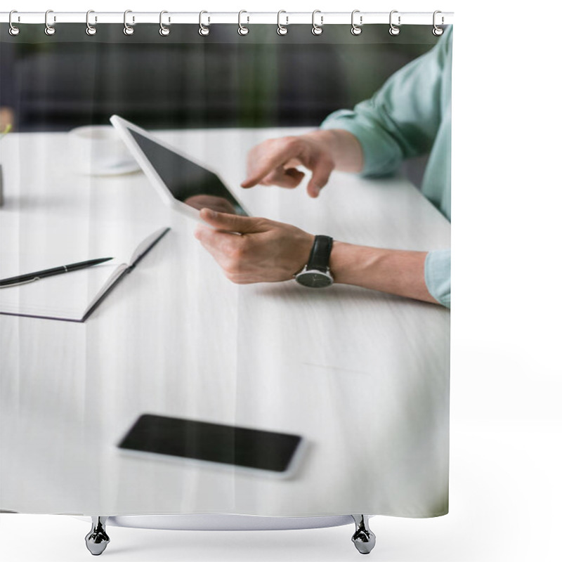 Personality  Cropped View Of Man Using Digital Tablet Beside Smartphone And Notebook On Table, Earning Online Concept Shower Curtains