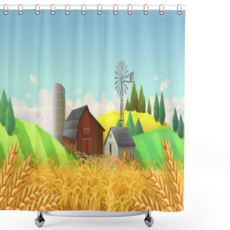 Personality  Wheat Field. Farm Landscape. Vector Background Shower Curtains