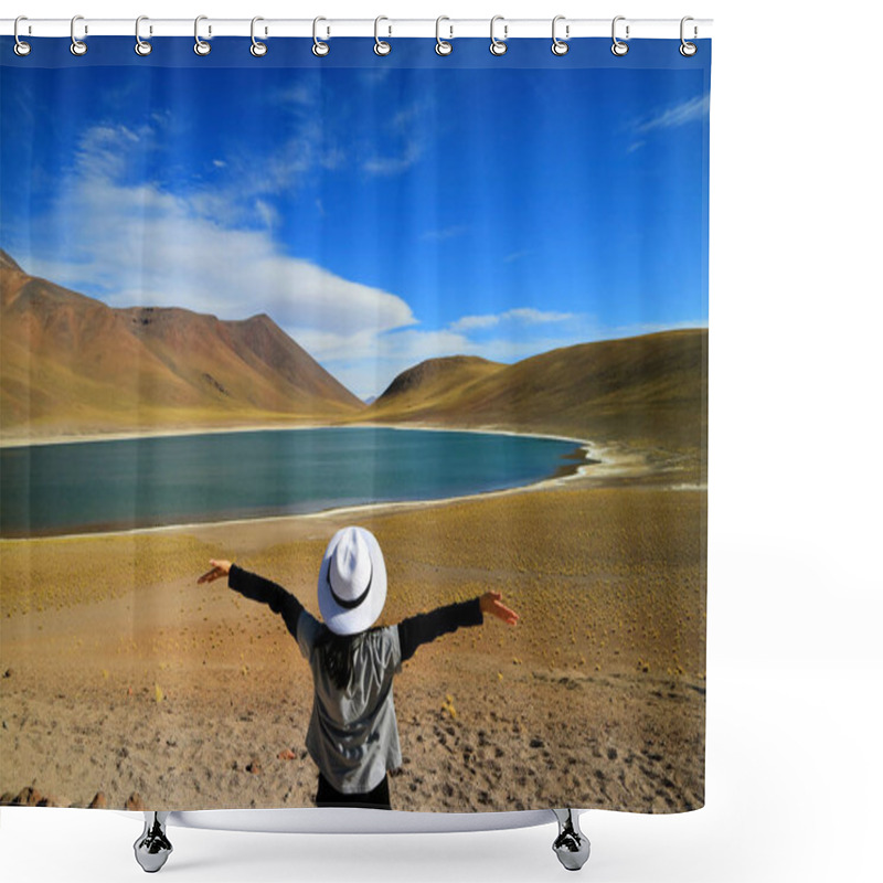 Personality  Female Tourist Raising Her Arms Admiring The Amazing Deep Blue Lagoon Laguna Miniques, Located In The Altiplano Of Antofagasta Region, Chile Shower Curtains