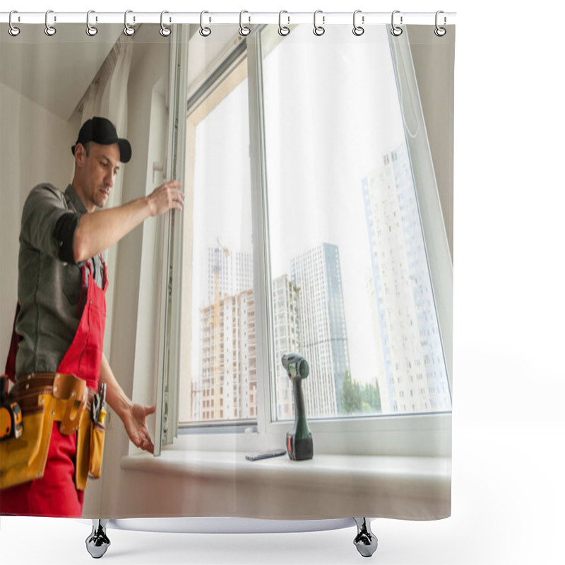 Personality  Young Worker Installing Window In Flat. High Quality Photo Shower Curtains