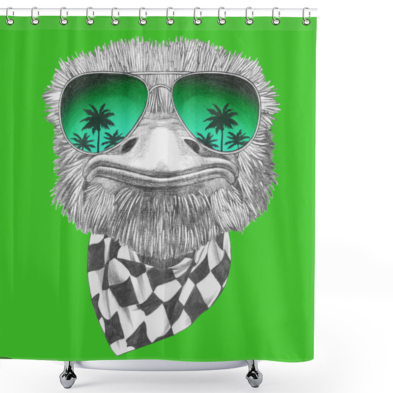 Personality  Funny Sketch Portrait Of Ostrich  In Aviator Sunglasses With Reflection Of Palm Trees And Checkered Scarf On Green Shower Curtains