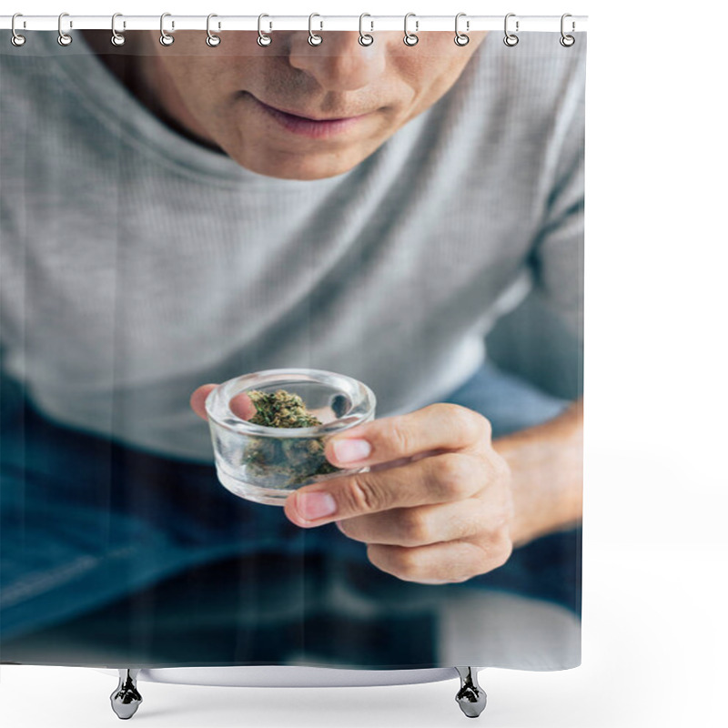 Personality  Cropped View Of Man In T-shirt Looking At Medical Cannabis In Apartment  Shower Curtains