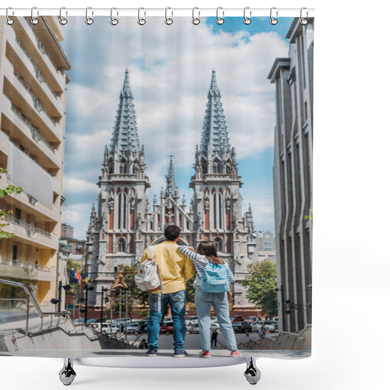 Personality  KYIV, UKRAINE - JULY 8, 2019: Back View Of Girl And Mixed Race Man Standing Near St. Nicholas Roman Catholic Cathedral Shower Curtains