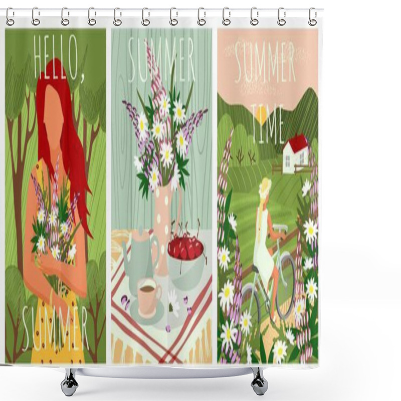 Personality  Girl Riding Bicycle On Rural Road. Outdoor Nature Landscape And Countryside Farm. Girl With Fresh Flowers. Vector Web Site Design Template Poster Shower Curtains