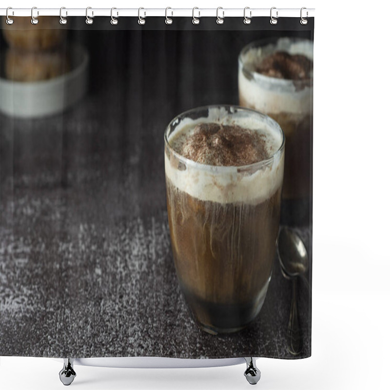 Personality  Affogato Coffee With Ice Cream On A Glass Cup, Dark, Black Background. Copy Space. Shower Curtains