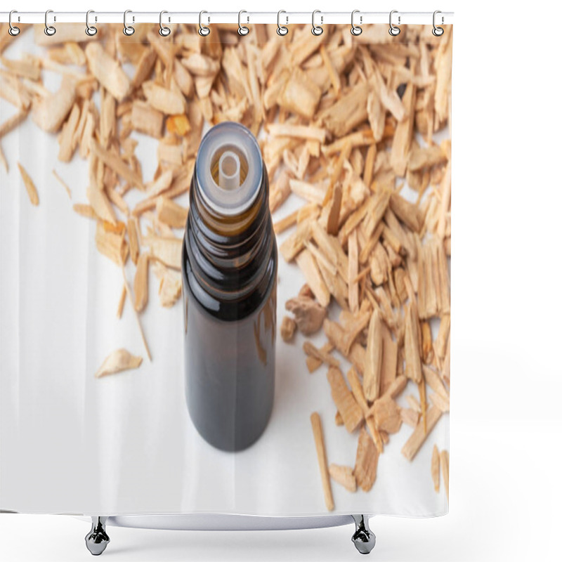 Personality  A Bottle Of Essential Oil With Cedar Wood Chips Shower Curtains