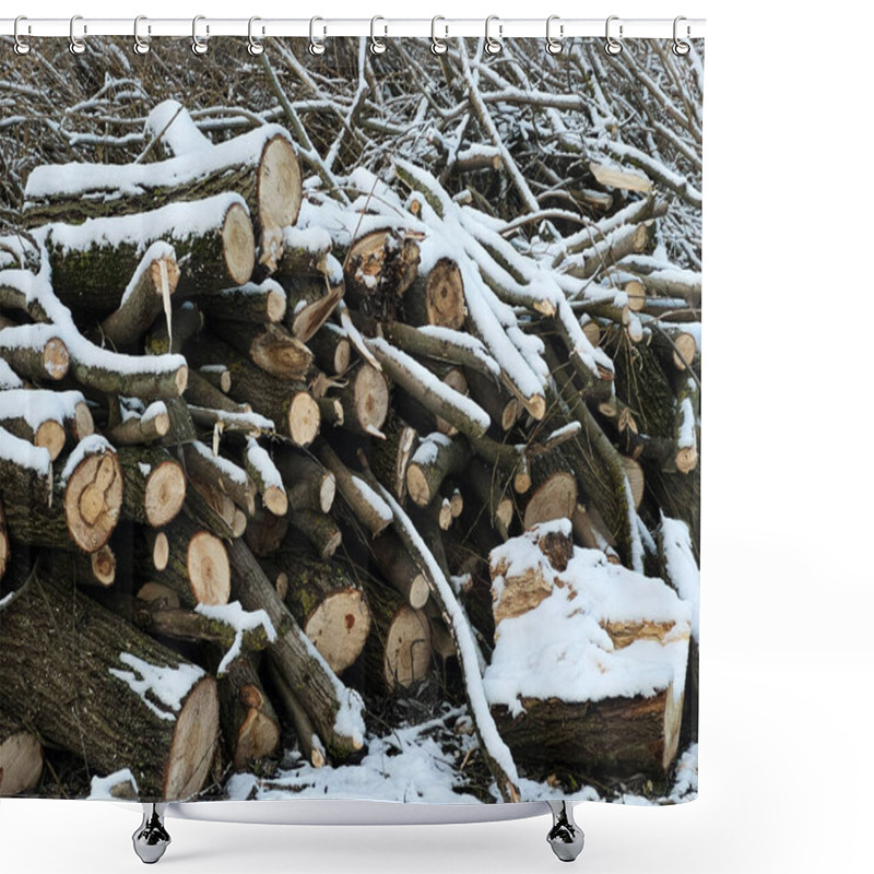 Personality  A Pile Of Freshly Cut Wooden Logs Layered With Snow, Set Outdoors During Wintertime, Surrounded By Bare Trees. Shower Curtains