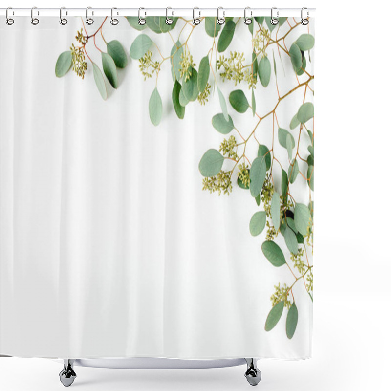 Personality  Frame Borders Made Of Eucalyptus Populus Leaves With Fruits In The Form Of Berries On White Background. Flat Lay, Top View. Floral Concept Shower Curtains