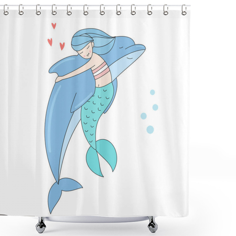 Personality  Dolphin Hugging Mermaid Isolated Vector Illustration Shower Curtains