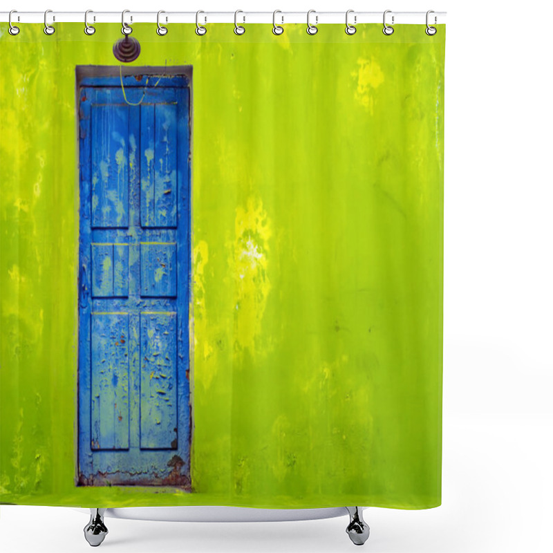 Personality  Blue Door In Shabby Green Wall Shower Curtains