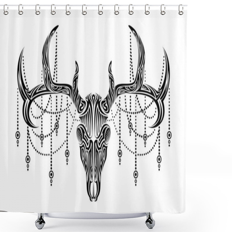 Personality  Creepy Deer Skull With Pendulum Hanging From Its Antlers Tribal Tattoo Vector Art Design Illustration Shower Curtains