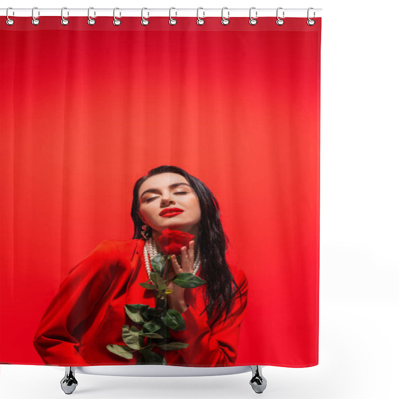 Personality  Elegant Woman In Pearl Necklace Holding Rose And Closing Eyes Isolated On Red  Shower Curtains