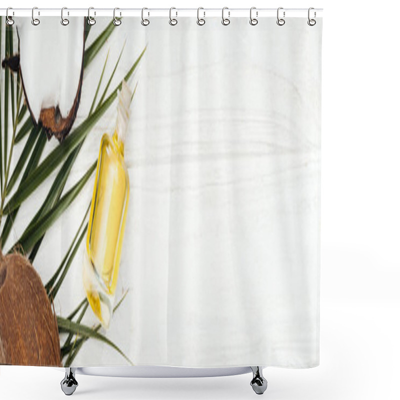 Personality  Top View Of Coconut Oil In Bottle On Green Palm Leaf On White Wooden Surface, Panoramic Shot Shower Curtains