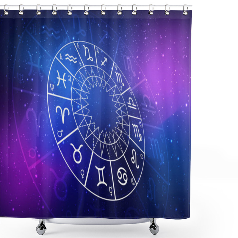 Personality  Zodiac Circle On The Background Of The Dark Cosmos. Astrology. The Science Of Stars And Planets. Esoteric Knowledge. Ruler Planets. Twelve Signs Of The Zodiac Shower Curtains