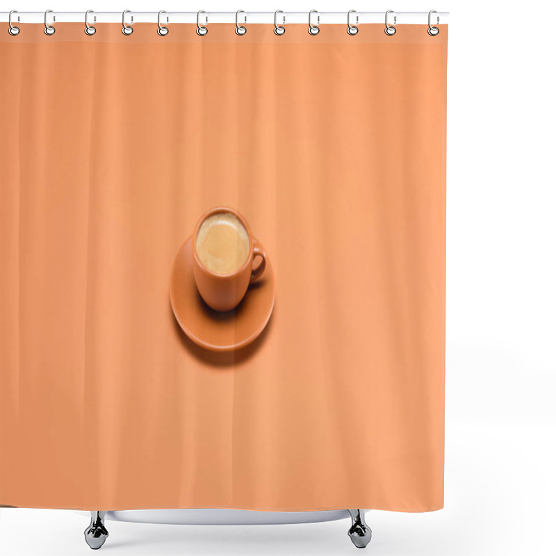 Personality  Close Up View Of Cup Of Coffee On Saucer Isolated On Peach Shower Curtains