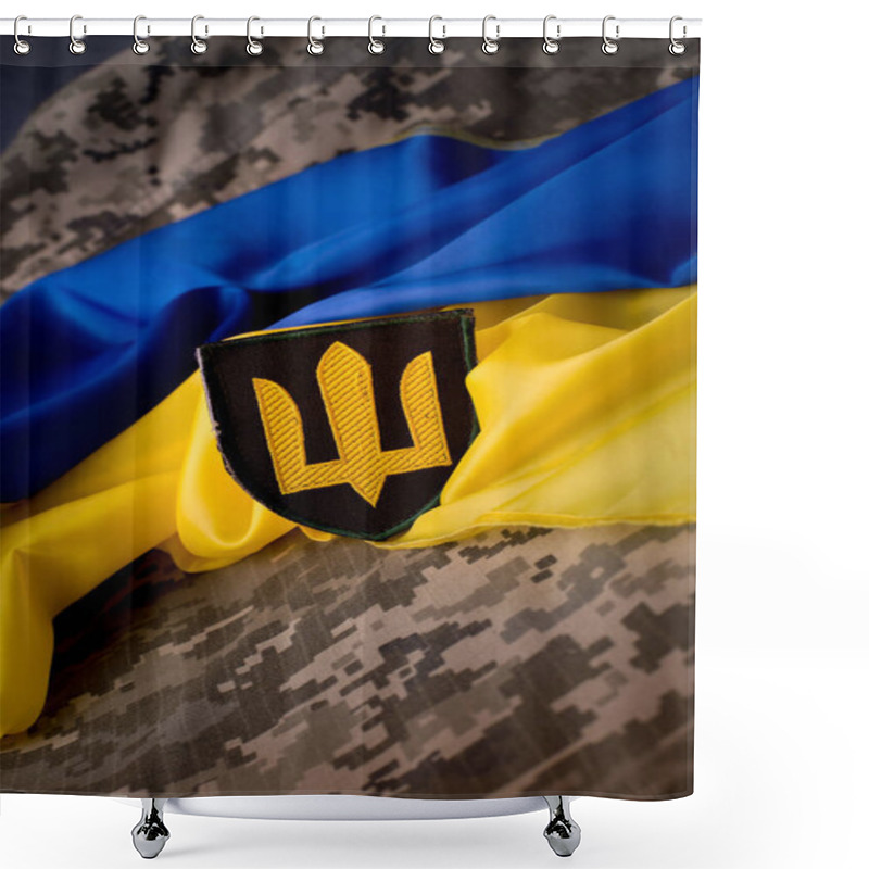 Personality  Yellow-blue Flag Of The State Of Ukraine Over Military Pixel Camouflage Fabric Background And Chevron Depicting Trident. Shower Curtains