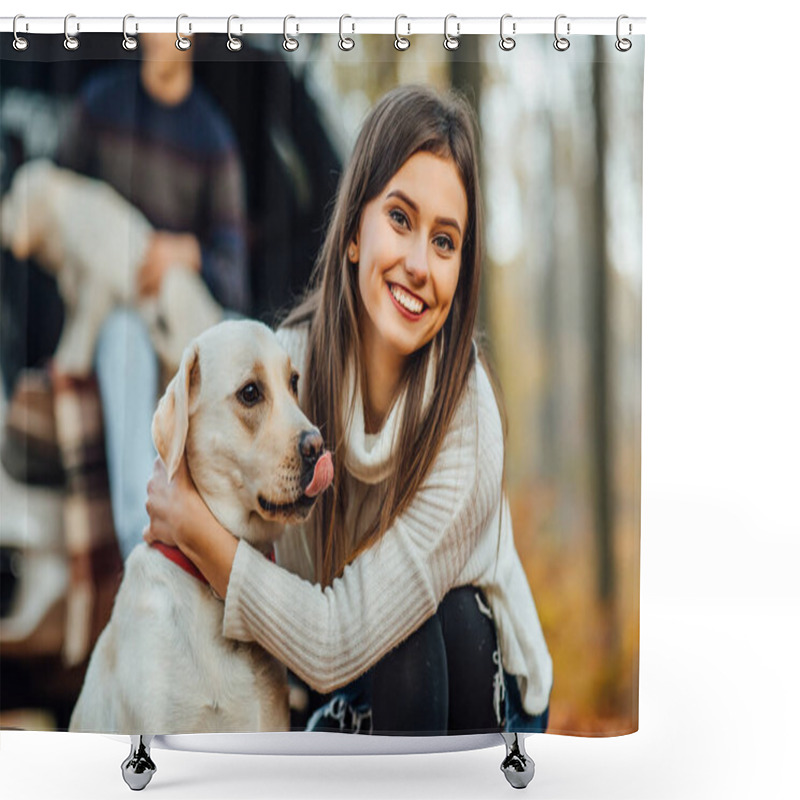 Personality  Beautiful Young Woman Hugging Her Golden Retriver Labrador In The Park. Shower Curtains