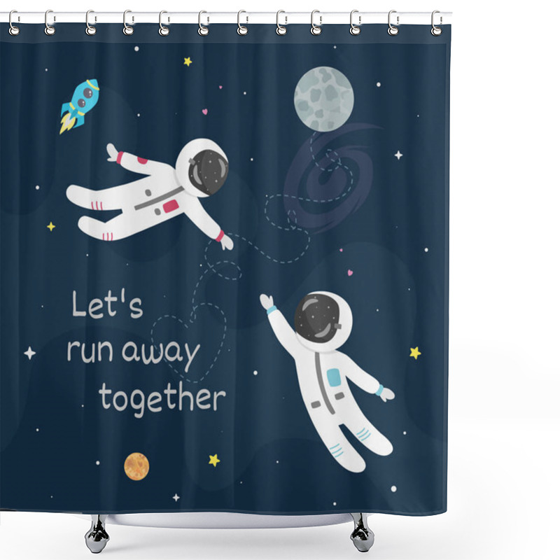 Personality  Space Love Vector Illustration. Boy Astronaut And Girl Astronaut Fly To Each Other. Shower Curtains