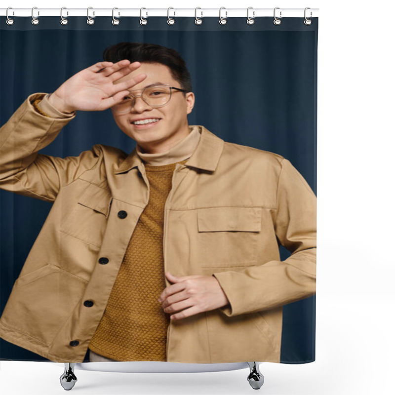 Personality  A Fashionable Young Man With Glasses Poses Confidently In A Tan Jacket, Exuding Elegance And Sophistication. Shower Curtains