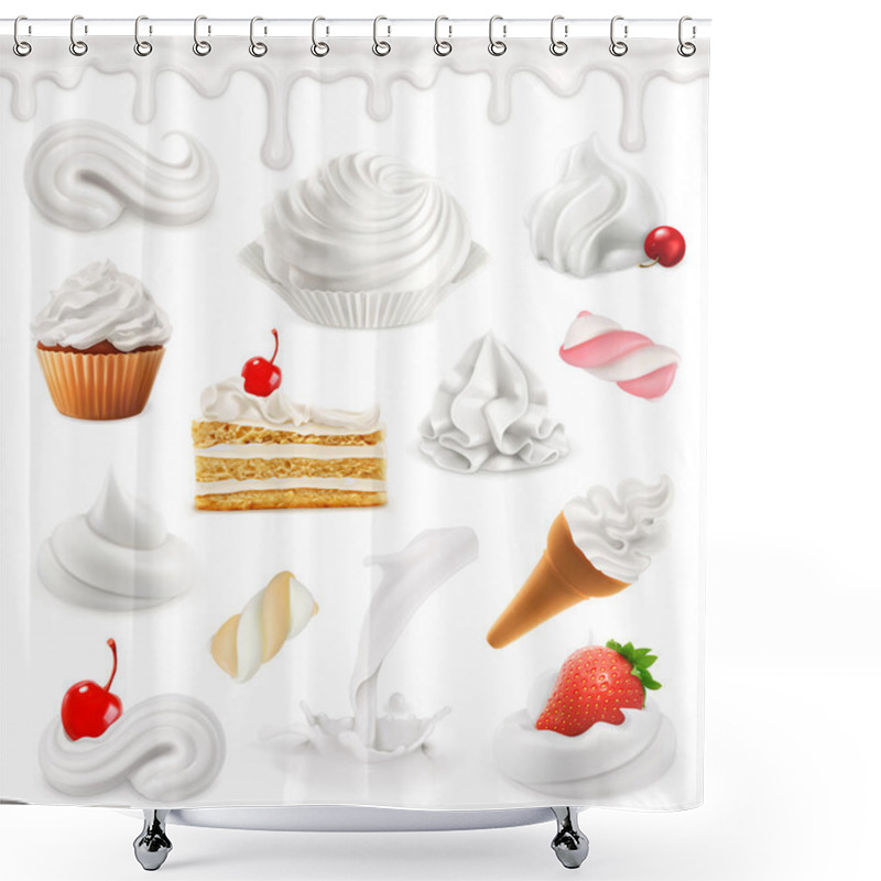 Personality  Whipped Cream, Milk, Ice Cream, Cake, Cupcake, Candy. Sweet 3d Vector Icon Set Shower Curtains