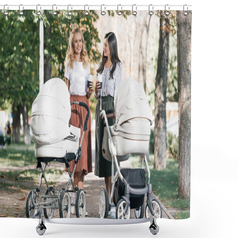 Personality  Smiling Mothers Holding Coffee To Go And Walking With Baby Strollers In Park Shower Curtains