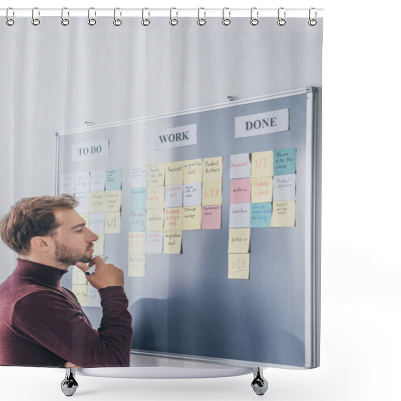 Personality  Side View Of Handsome Scrum Master Thinking Near Board With Sticky Notes And Letters  Shower Curtains