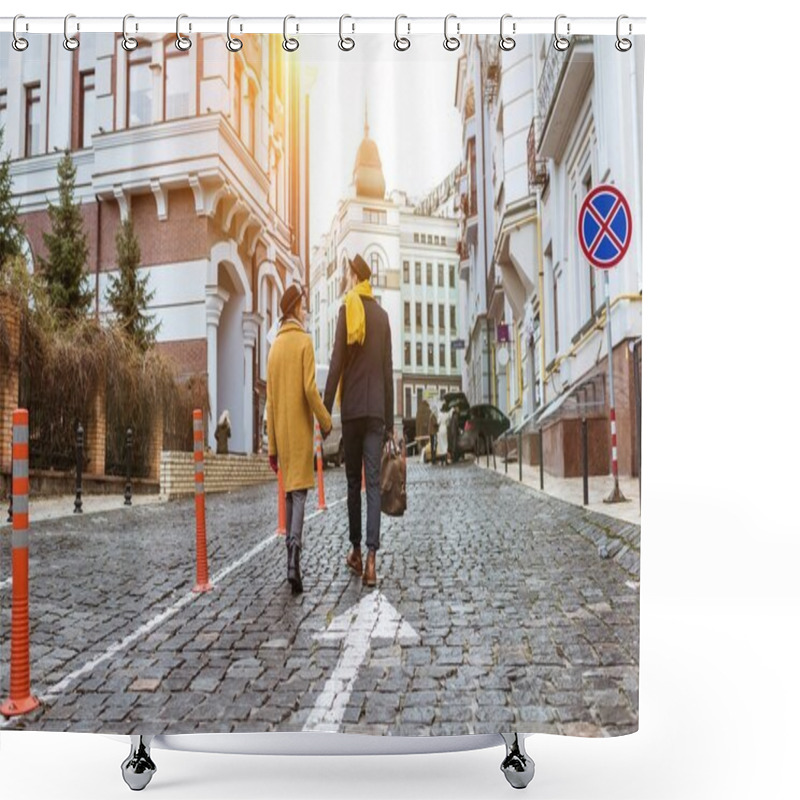 Personality  Back View Of Couple Holding Hands And Walking On Street Shower Curtains