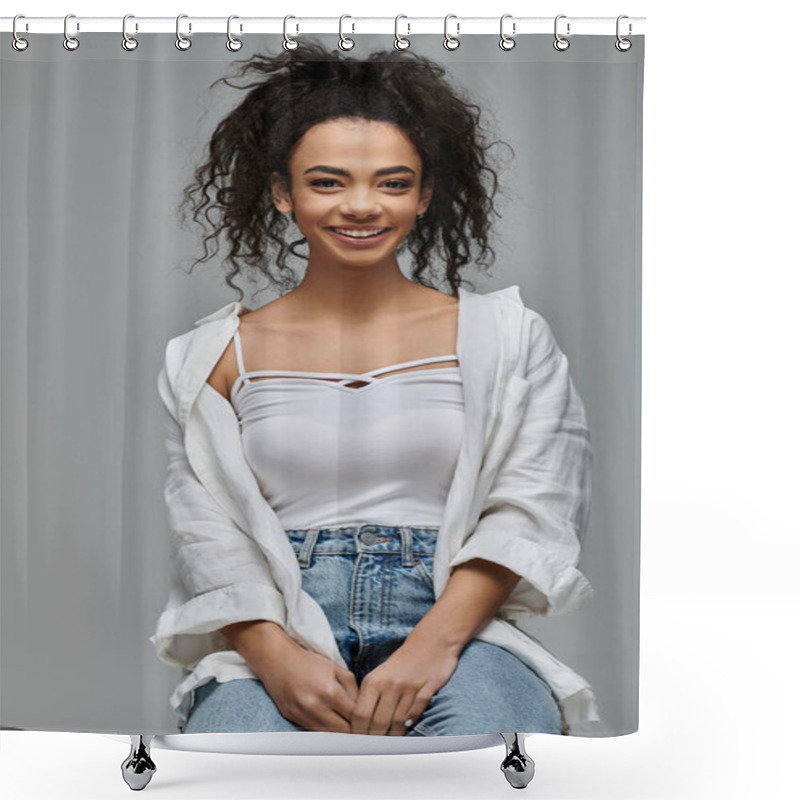 Personality  A Young African American Woman With Curly Hair Smiles Brightly As She Poses Against A Grey Backdrop. Shower Curtains