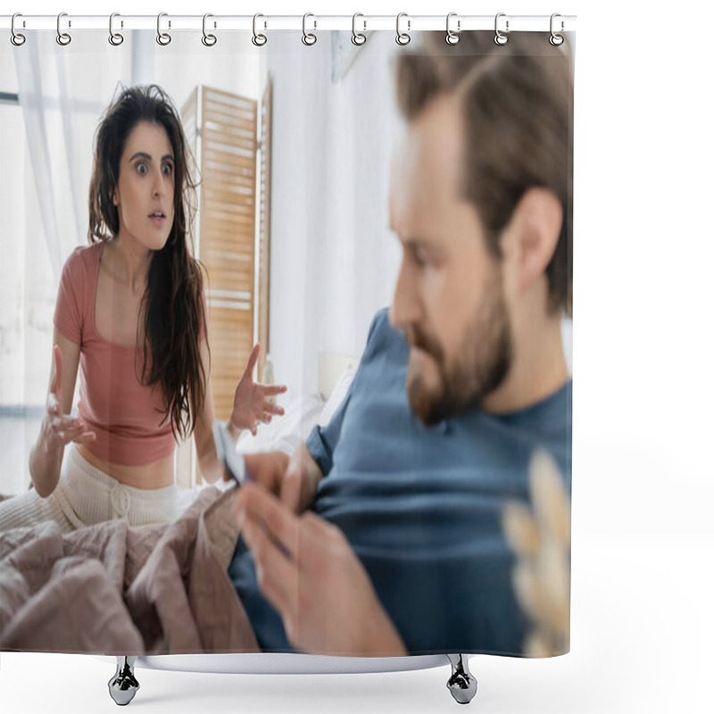 Personality  Annoyed Woman In Pajama Quarrelling At Blurred Boyfriend With Smartphone On Bed  Shower Curtains