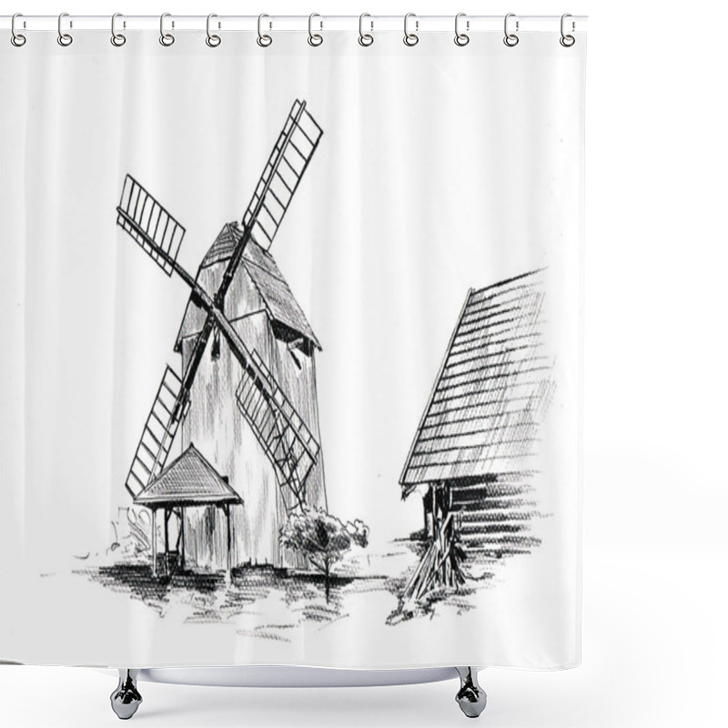 Personality  Windmill Sketch, Art Illustration Shower Curtains